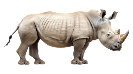Obraz premium Rhinoceros standing on a transparent background, showcasing its distinct features and robust physique in a natural pose.