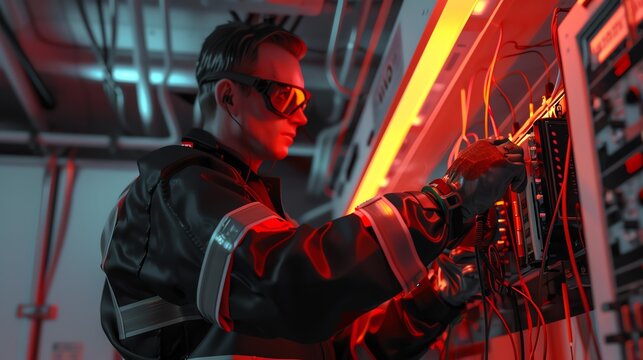 A 3D render of a technician using an antistatic wrist strap while cleaning