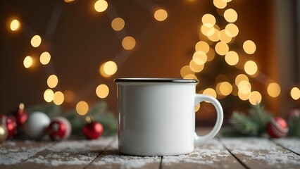 White cup on New Year background, blurred nice bokeh