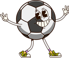 Groovy European football ball sport character. Isolated cartoon vector retro soccer personage with happy face captures the joy and excitement of football game, showcasing peace signs with sporty vibe © Vector Tradition