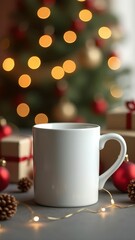 White cup on New Year background, blurred nice bokeh