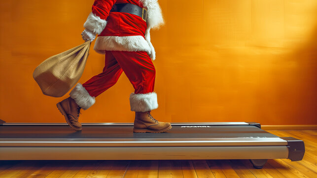 Close-up of Santa Claus on a treadmill with a bag of gifts in a side view, isolated on a bright yellow background, ideal for festive marketing and holiday-themed designs.