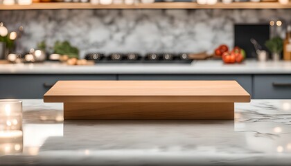 Podium, pedestal tray on the background of the kitchen. For presentation