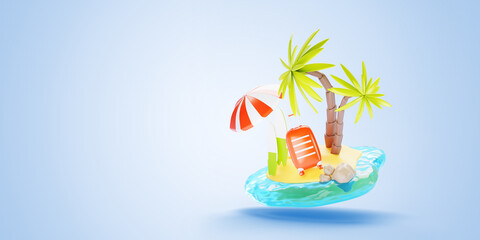 3d summer beach vacation sale render background. Tropical island icon in sea water or ocean with palm trees, umbrella and suitcase. Cartoon ad banner for travel tour offer or discount. 3D illustration