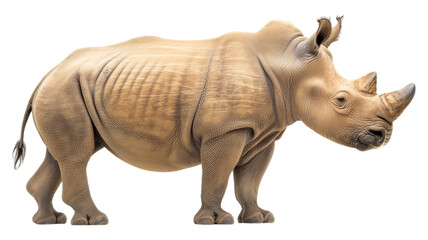 Obraz premium A side view of a large rhinoceros walking on a transparent background captured during daylight hours, showcasing its distinctive features and texture.