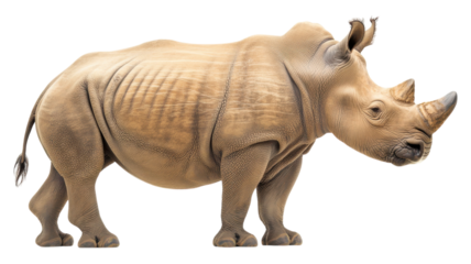 A side view of a large rhinoceros walking on a transparent background captured during daylight hours, showcasing its distinctive features and texture.