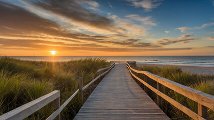 Beautiful boardwalk leading to serene beach at sunset with vibrant sky and calm ocean water, peaceful.