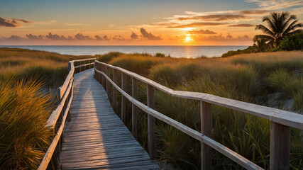 Fototapeta premium Beautiful boardwalk leading to serene beach at sunset with vibrant sky and calm ocean water, peaceful.