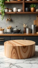 Podium, pedestal tray on the background of the kitchen. For presentation