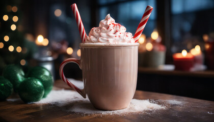 Delicious holiday cocoa topped with whipped cream and festive candy canes in a cozy setting with Christmas decor