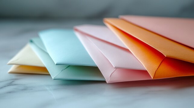 A stack of colorful envelopes on a marble counter