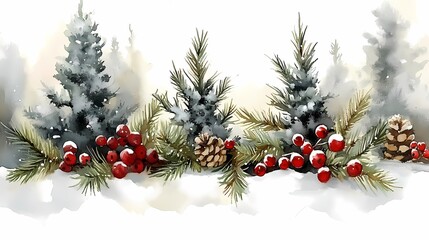 Watercolor Christmas and Winter Scene on White Background