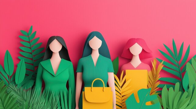 Three vibrant paper figures in stylish outfits stand against a bright pink backdrop, surrounded by lush green foliage.