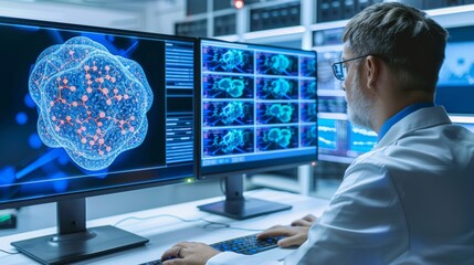 Expert evaluating network security metrics across multiple screens in a high tech setting