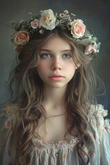 Fototapeta premium Ethereal expression of a European girl with flower wreaths in her hair