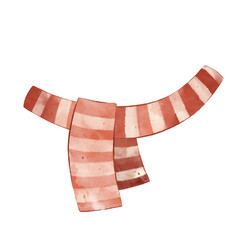 Red scarf with white stripes. Fashionable wardrobe accessory. Warm clothes for winter, autumn, spring. Watercolor illustration on isolated background.