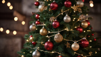 A beautifully decorated Christmas tree adorned with red and gold ornaments and twinkling lights in a cozy indoor setting during the holiday season
