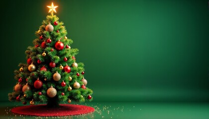 Beautifully Decorated Christmas Tree with Red and Gold Ornaments Against Green Background with Copy Space