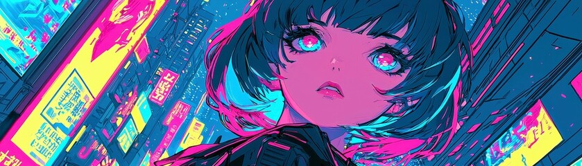 Naklejka premium Cyberpunk Girl in Vaporwave City Scene