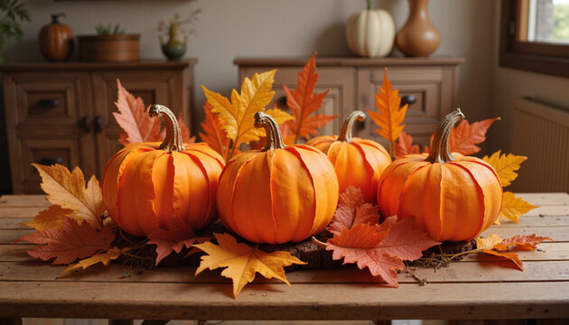 Decorative Fall Pumpkin Display with Vibrant Autumn Leaves on Rustic Wooden Surface