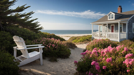 Fototapeta premium A picturesque beach house with blooming flowers and a sandy path leading to the ocean shore under blue sky.