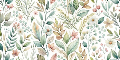 Watercolor wildflower and branch pattern on white background with muted pastel colors, seamless depth of field