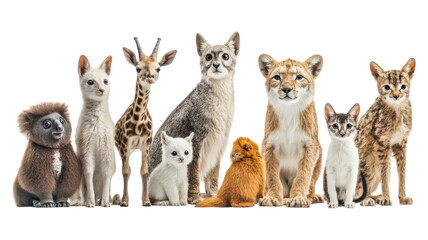 A diverse group of animals including a koala, a giraffe, cats, and a lion cub in a playful arrangement against a neutral background.