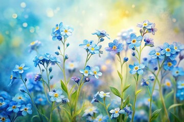 Fototapeta premium watercolor illustration of beautiful forget me not flowers in a field