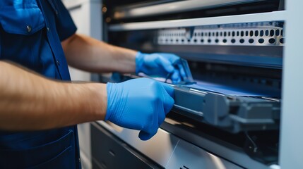 A detailed view of a technician cleaning a copiers paper path
