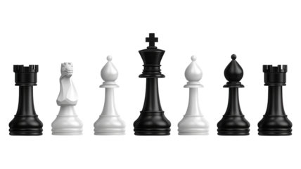 A close-up view of chess pieces arranged in a challenging setup on a transparent background.