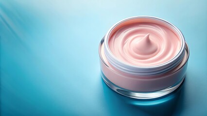 A Close-Up of a Jar of Moisturizing Cream with a Swirling, Whipped Texture, Reflecting Light on a Vibrant Blue Background