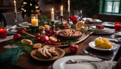 Naklejka premium Festive holiday table arranged with delicious treats and candles in a cozy dining room with a Christmas tree in the background