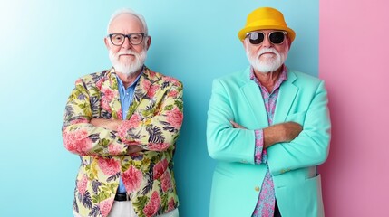 Two stylish LGBTQ elders senior men stand confidently against a colorful backdrop, showcasing vibrant outfits and accessories, exuding charm and individuality.