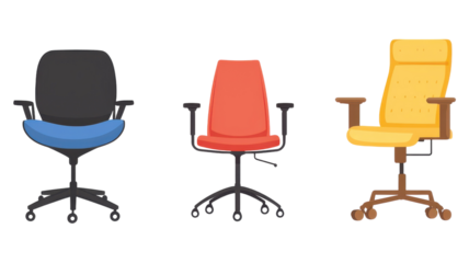 Various ergonomic office chairs in diverse colors and designs displayed against a transparent background.