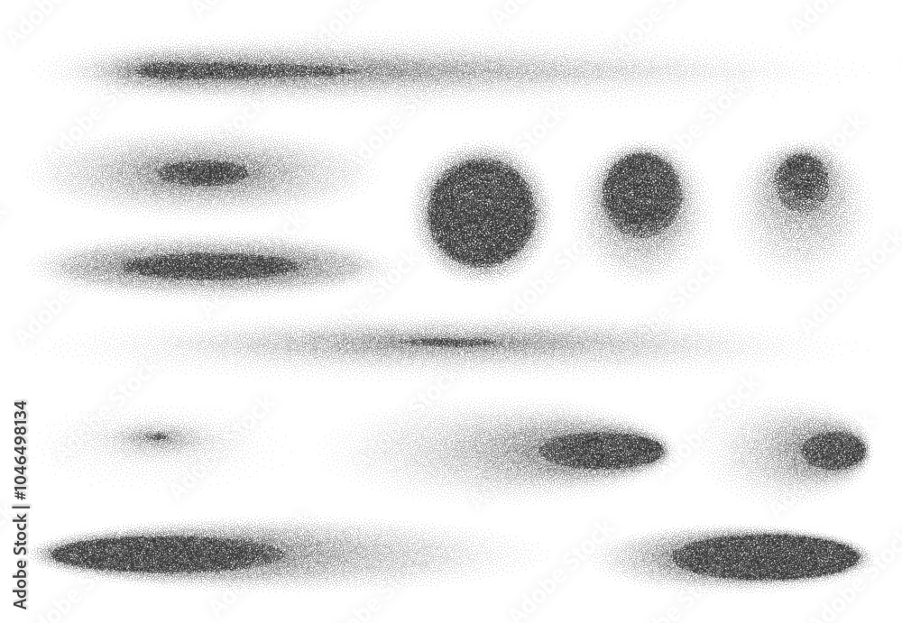 Aufkleber Spray noise grain circle and oval figures, halftone shapes with spray effect creates smooth gradient brush that transition from dense to sparse. 3d vector abstract dotwork with pointillism sand effect