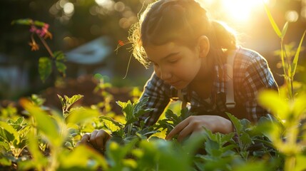 Young Girl Gardening in Sunlit Backyard