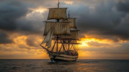 A sailing ship sailing across the ocean. photography