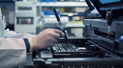 A technician using a cleaning pen on a copier part