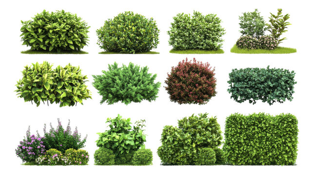 A collection of diverse shrubbery varieties showcasing lush green and vibrant foliage suitable for landscape design or gardening in various settings.