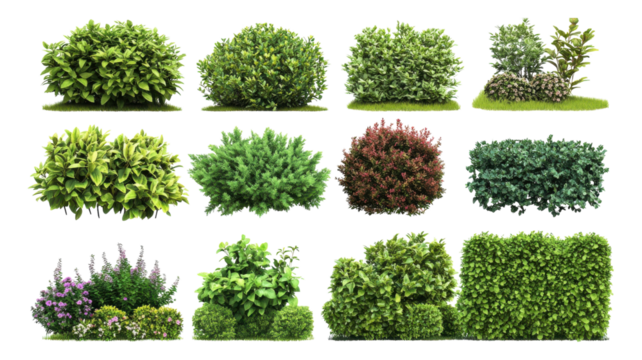 A collection of diverse shrubbery varieties showcasing lush green and vibrant foliage suitable for landscape design or gardening in various settings.