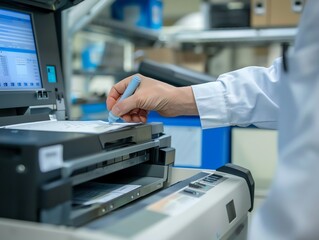 A technician using a cleaning pen on a copier part