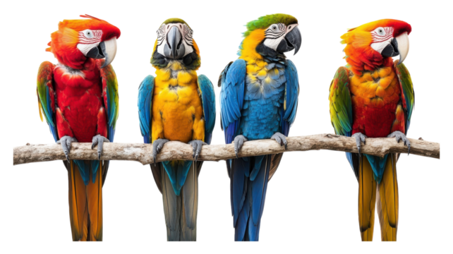 Colorful macaws perched on a branch, showcasing vibrant feathers in a tropical environment during daylight hours.