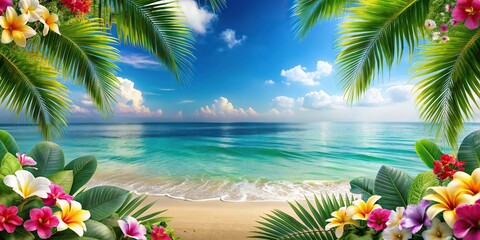 tropical summer background with flowers and sea, featuring leading lines