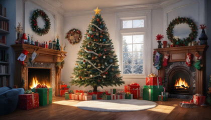 Cozy holiday living room decorated with a Christmas tree, presents, and warm fires during festive winter season