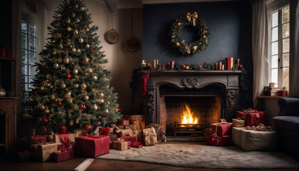 Cozy living room with a decorated Christmas tree, fireplace, and presents arranged for December celebrations