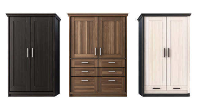 Three types of wooden cabinets displayed together against a transparent background showcasing various finishes and styles for storage options.