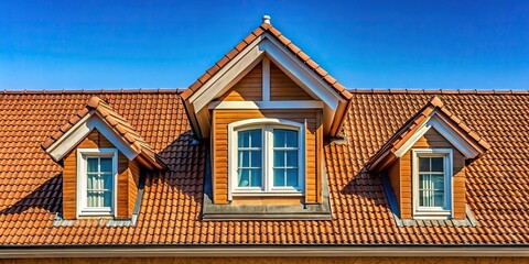 Obraz premium Traditional mansard roof with dormer window on a steep sloping roof against a solid color background