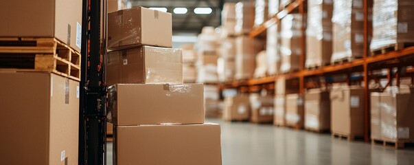 Operators Perspective in Warehouse Precise Placement of Heavy Boxes from Hydraulic Lift - Aerial View of Efficient Logistics Operations