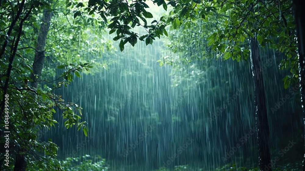 Poster lush green forest backdrop with gentle rain falling, creating a serene atmosphere.
