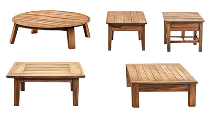 Various wooden tables displayed against a transparent background highlighting design and craftsmanship for interior decor purposes.